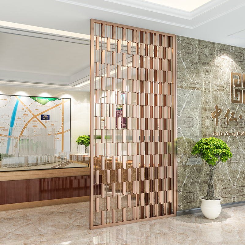 客廳不銹鋼屏風(fēng)隔斷入戶(hù)金屬格柵鈦金鏤空花格新中式酒店玄關(guān)定制